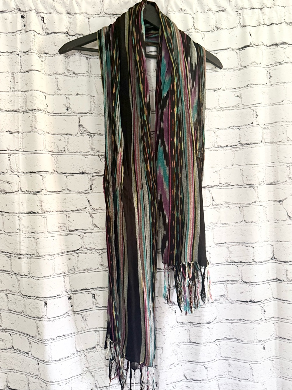 Striped Multicolor Fringe Scarf - Black, Teal & Purple